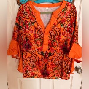 Vibrant Orange Floral Women's Boho Top L blouse